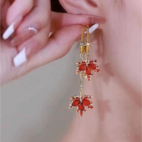 Cubic Zirconia Autumn Leaf Dangle Earrings - Picture 5 of 5